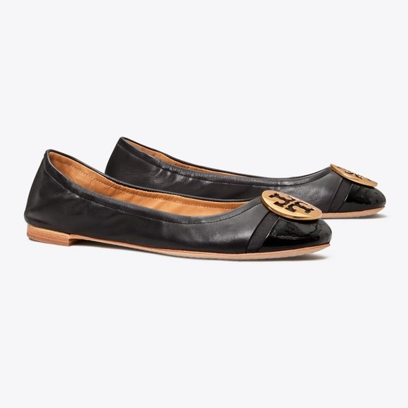 NIB Tory Burch Minnie Cap Toe Leather Travel Ballet Flat Black 6.5 AUTHENTIC